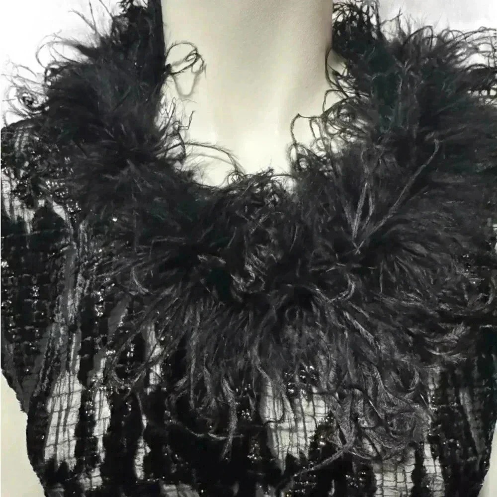 Vintage Joseph Ribkoff Black Burnout Velvet Ostrich Feather Top Evening Glam - Picture 3 of 13
